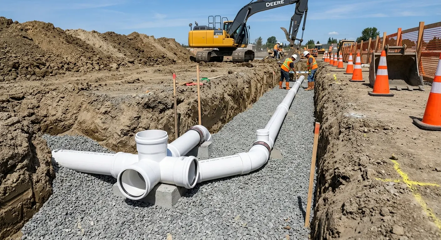 New PVC sewer pipe installation in open trench for Commercial Drain Cleaning in Mount Vernon