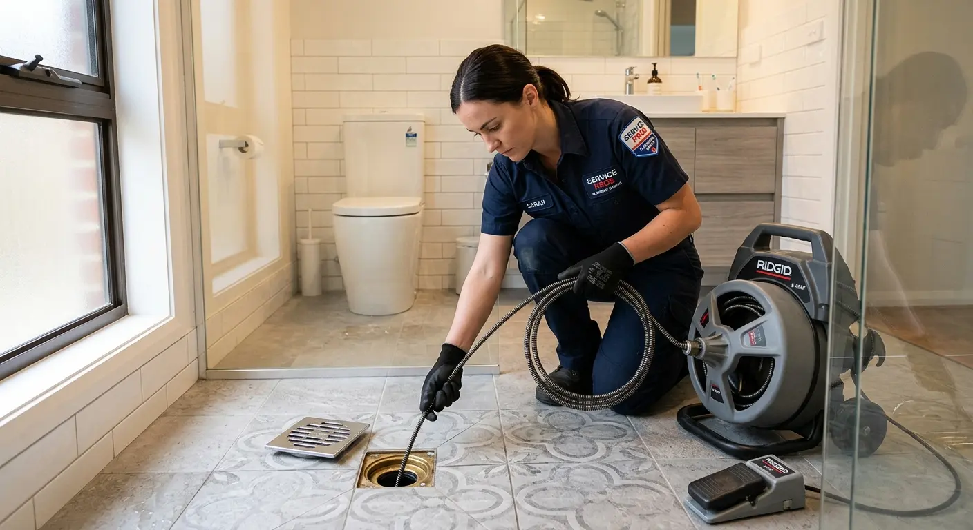 Technician clearing a bathroom floor drain for Hydro Jetting in Mount Vernon